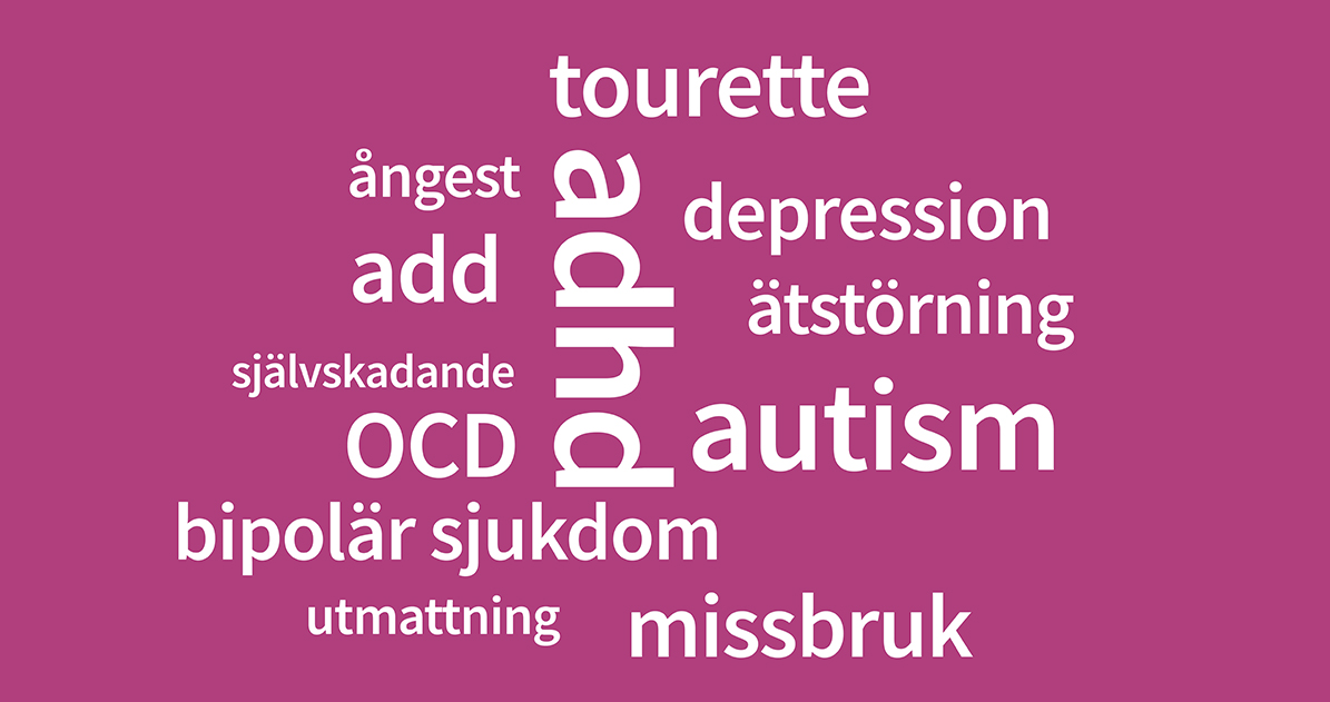 Ett antal ord på olika diagnoser: adhd, OCD, depression med flera.